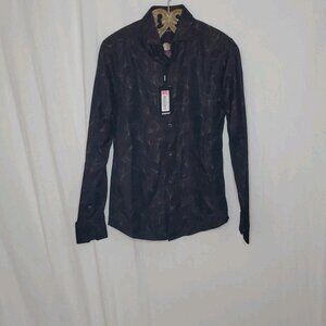 Murano Mens Multicolo Ginkgo Leaves Slim Fit Long Sleeve Dress Shirt Size Small